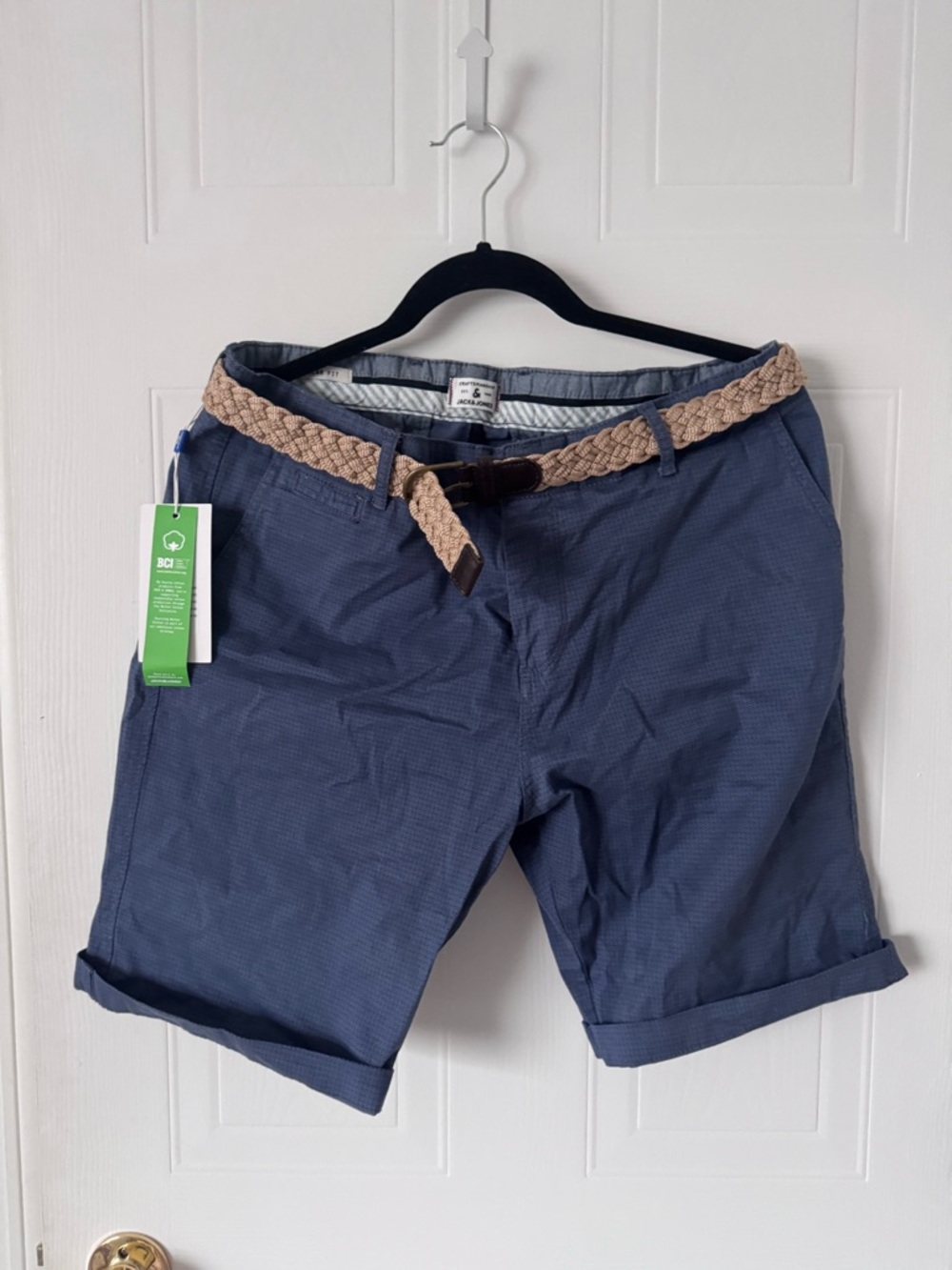 Jack & Jones Navy Blue Men's Shorts with Tan Braided Belt